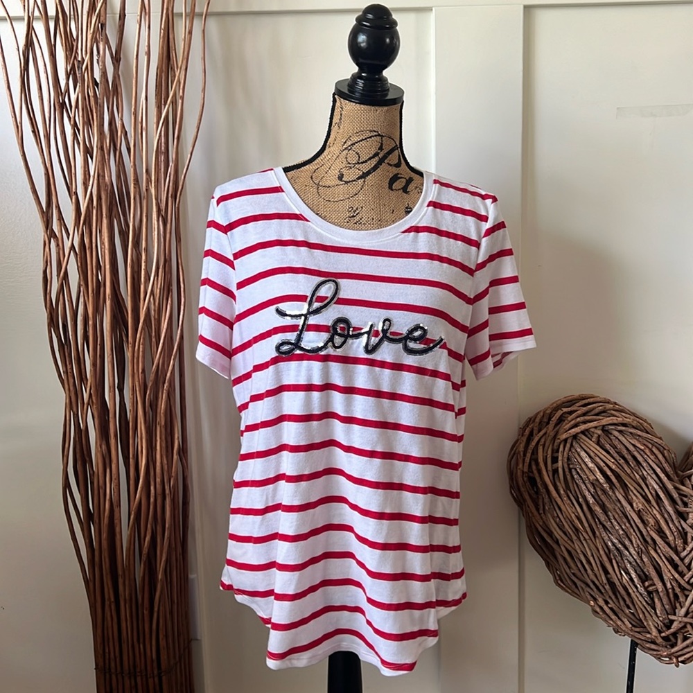 Red And White Striped Short Sleeve Top With Sequined Love